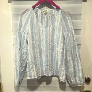A.N.A blue and white striped long Sleeve Sheer V Neck Blouse size medium